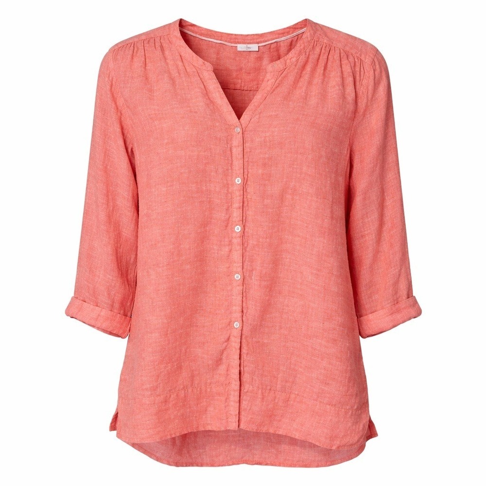Coral Pink 100% Linen Button Front Tunic Top 3/4 Sleeve High-Low Hem Size Large